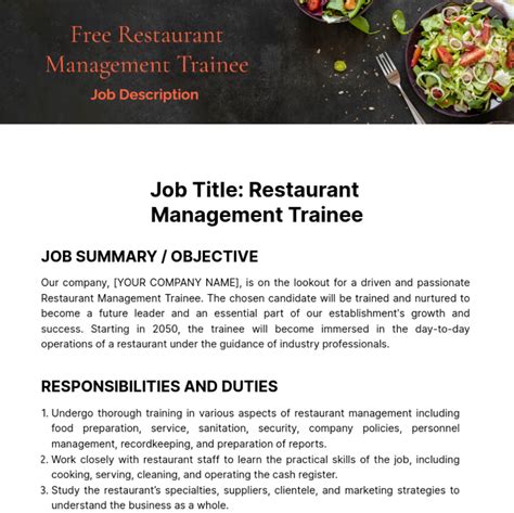 Free Restaurant Management Trainee Job Description Template to Edit Online