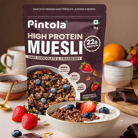 Pintola High Protein Muesli Dark Chocolate & Cranberry, With Brown ...