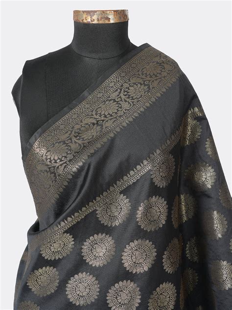 Black Banarasi Silk Dupatta with Woven Butti Motifs & Zari Border (Siz ...