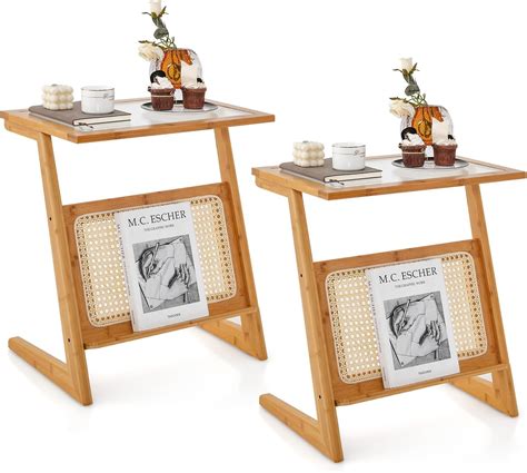 Amazon.com: Giantex Rattan Side Table, Boho End Table with Glass Top ...