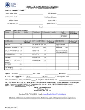 Fillable Online Revised July 2014 2015 CAMP OLAVE BOOKING REQUEST ...