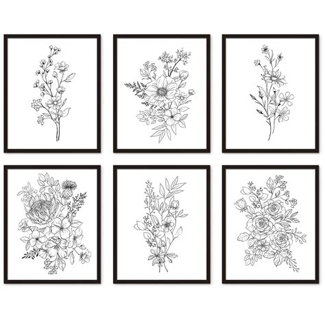 Buy Black and White Flower Wall Art Prints Set of 6 UNFRAMED ...