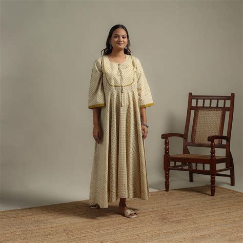 Beige Block Print Natural Dyed Cotton Flared Ajrakh Dress