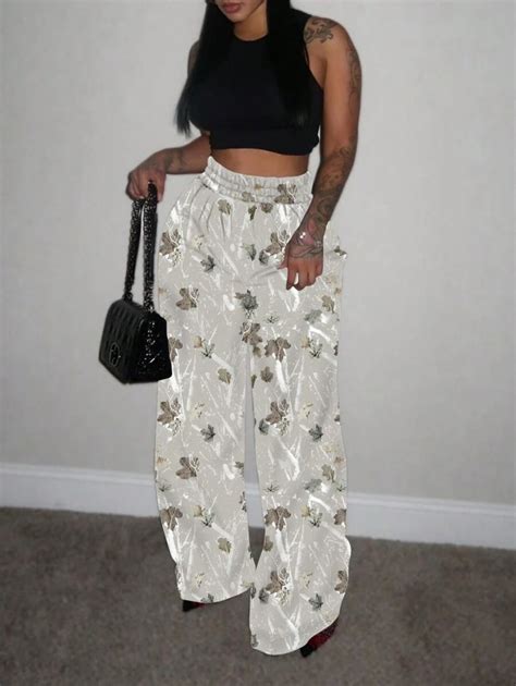 INAWLY Women's Casual Leaf Print Wide-Leg Sweatpants | SHEIN USA