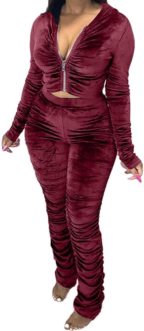 Buy Women's Velour Sweat Suits 2 Piece Ruched Zip-Up Hoodie Jacket ...