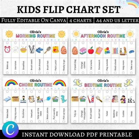 Kids Flip Routine Chart Editable Printable, Morning Evening Bedtime ...