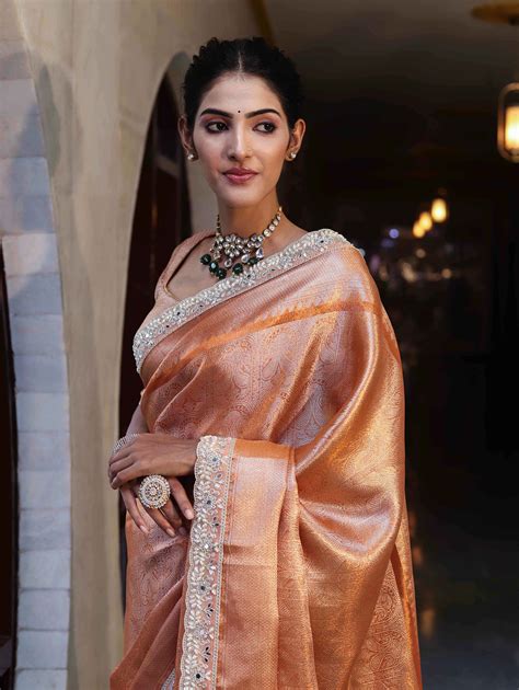 Banarasee Handwoven Tissue Saree With Zari Weaving Design & Lace-Rust