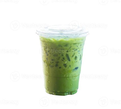 Iced matcha latte or Thai condensed milk-added green tea in transparent ...