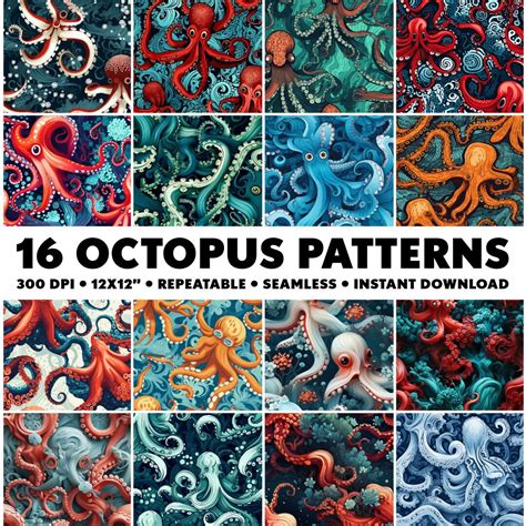 16 Octopus Patterns Tentacle Seamless Patterns Octopus Repeatable Fish Pattern Ocean Endless ...