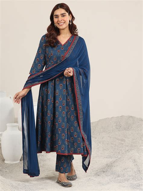 Buy Navy Blue Printed Cotton A-Line Suit With Dupatta Online at Rs.1449 ...