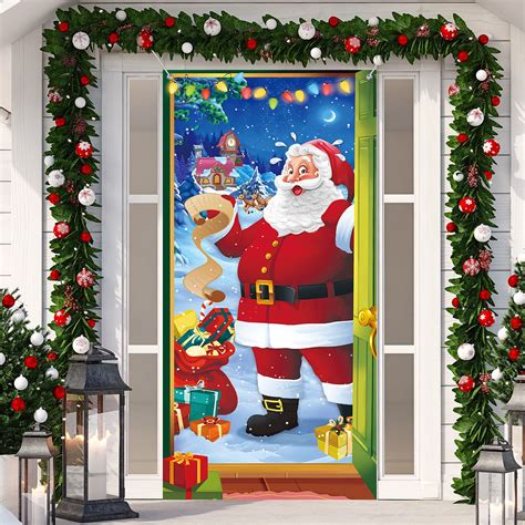 Amazon.com: Christmas Door Cover Decoration Santa Backdrop Xmas Door ...