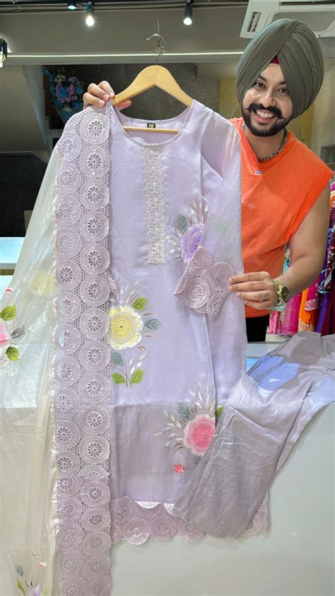 Light Lavender Soft Organza Embroidered & Hand painted Straight Suit w