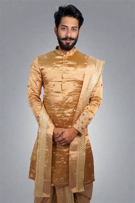 Antique Gold Tissue Pattu Kurta Set with Zardosi Work – GROOM2B