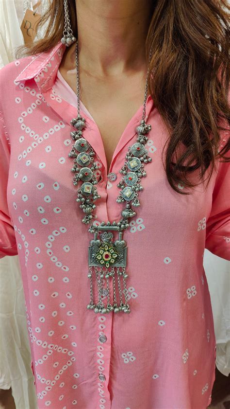 Afghani Oxidized Necklace Set with Red & Kundan Accents – Label DC