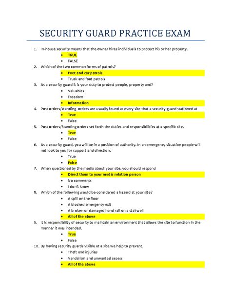 TEST - About 50 questions - SECURITY GUARD PRACTICE EXAM In-house ...