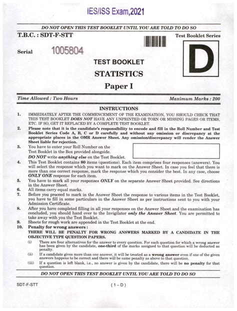 Statistics I QP 2021: Test Booklet for Paper I Exam - Studocu