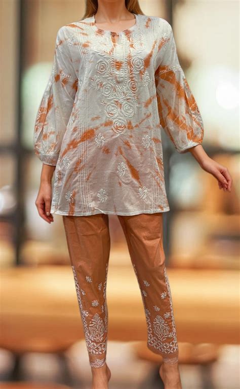 White/Orange Chikankari Short Kurti/Pant Co-Ord Set . Versatile Cotton ...