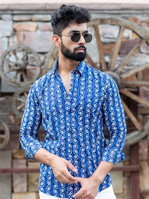 Blue Full Sleeves Cotton Floral Printed Shirt - Tistabene