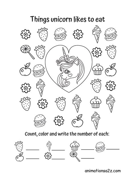 Animations a2z: What unicorns eat? coloring pages and worksheets