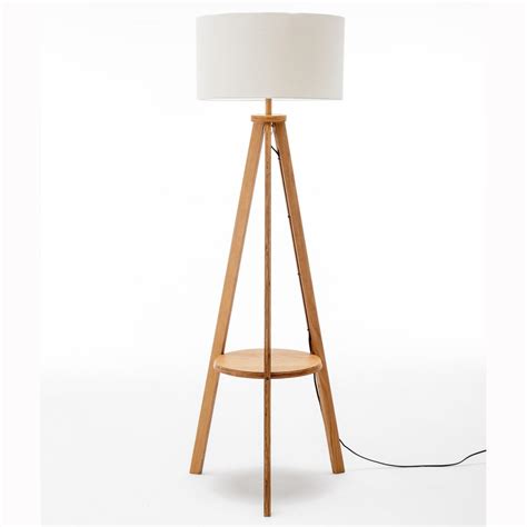Natural Wooden Tripod Floor Lamp w/ Round Wood Shelf + Off White Linen ...