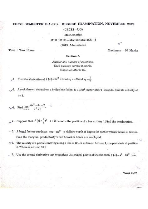 Math Questions Paper - 1st Semester Exam - Studocu