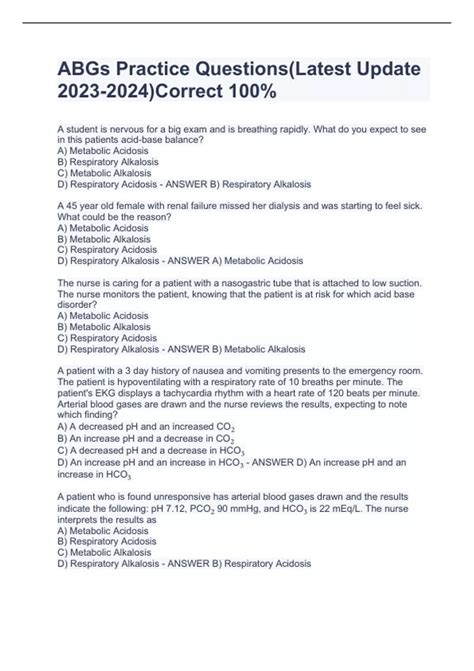 ABGs Practice Questions(Latest Update )Correct 100% - ABG - Stuvia US