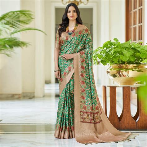 Green Floral Digital Printed With Woven Border Art Silk Saree