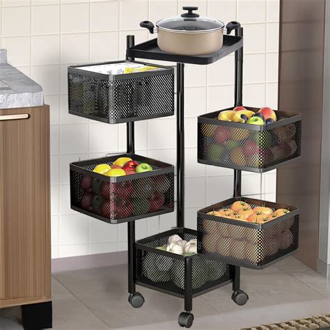 Buy 5-Layer Black Revolving Storage Rack - Metal Kitchen Trolley ...