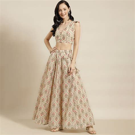 Styleoasis - Beige & Pink Printed Ready to Wear Lehenga