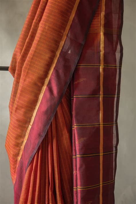 Brown All Over Stripes with Maroon Border Silk Cotton Saree – Neela by ...