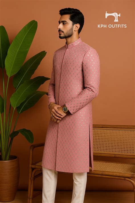Men's Pink Custom Designer Sherwani Set – Georgette, Customizable, Ele ...