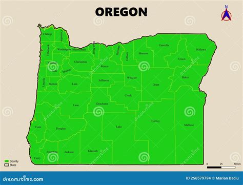 Illustration a Large Detailed Administrative Map of the US American State Oregon Stock ...