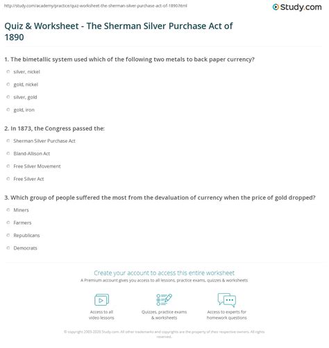 Quiz & Worksheet - The Sherman Silver Purchase Act of 1890 | Study.com