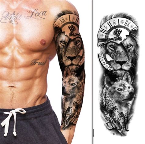 Full Sleeve Temporary Tattoos Wolf Arm Flower Clock Tattoo - Etsy