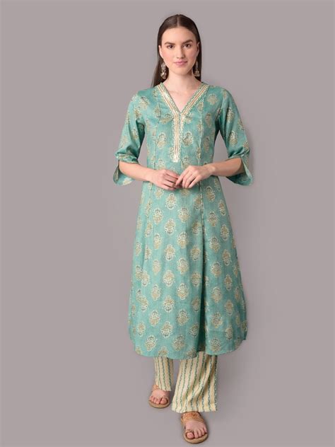 Turquoise Floral Printed Kurta with Comfort Pant at SHREE