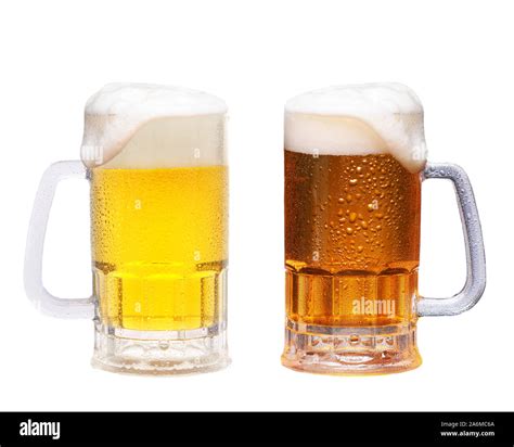 Two cold frosty mugs of beer on a white background, Pale ale and Red ...