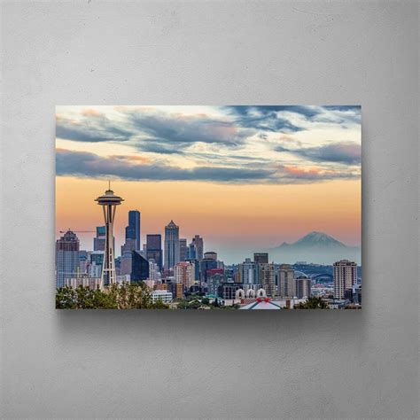 SEATTLE WALL ART, Seattle Skyline Space Needle, Sunset Mountain ...
