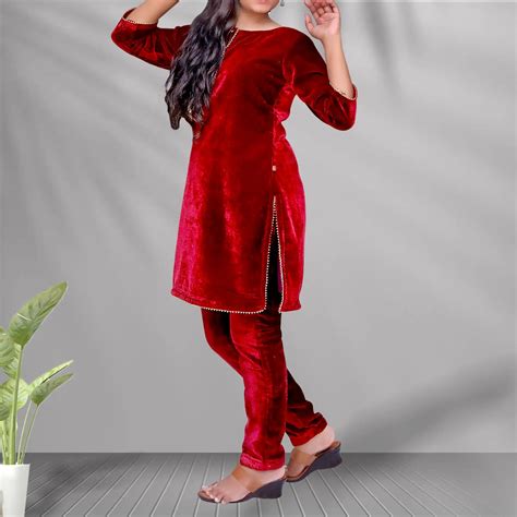 Customized Red Velvet Partywear Kurta & Cigarette Pant Set | Cigarette