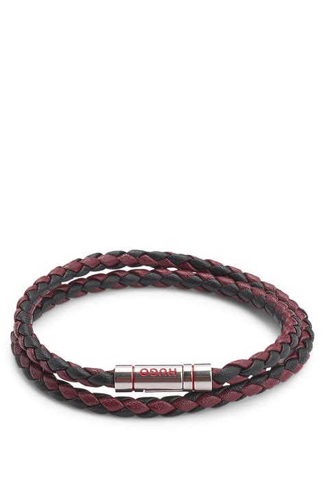 HUGO - Double braided-leather cuff with logo closure - Dark Red