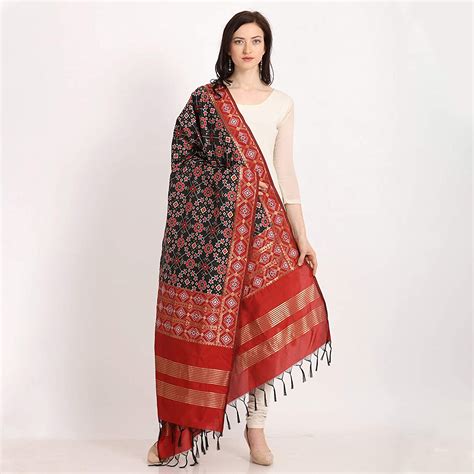 Buy KAPAAHA Women's Woven Art Silk Patola Dupatta/Chunni (Black) at ...