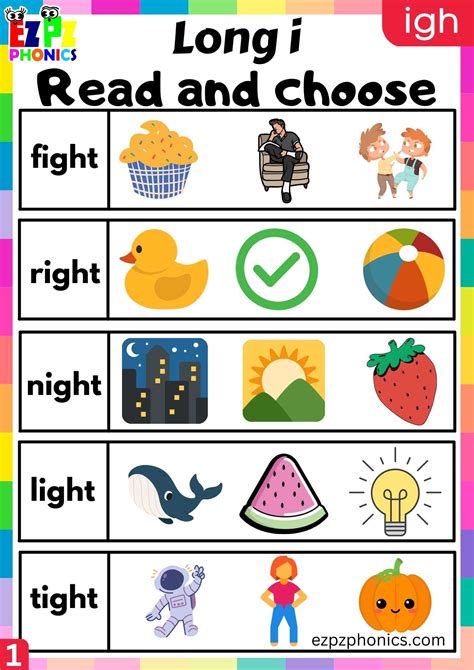 IGH Words Read And Choose Long I Phonics Worksheet - ezpzphonics.com