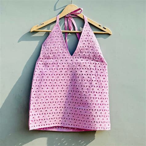 Lavender Chikan Hakoba Halter Neck Cotton Top - KJ0482 – Kajrakh