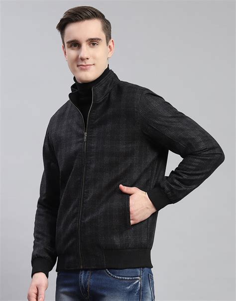 Buy Men Black Check Stand Collar Full Sleeve Coat Online in India ...
