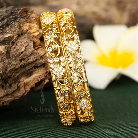 AD Gold Plated Bangles with Intricate Cutwork Design - Sasitrends