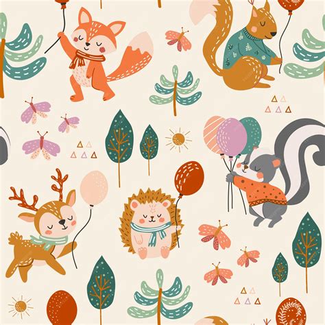 Premium Vector | Cute woodland animals seamless pattern baby pattern for fabric deer squirrel ... - baby fox or skunk