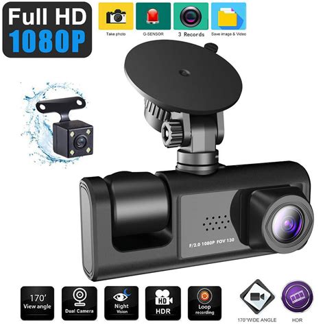 3 Camera Lens Car DVR 3-Channel Dash Cam HD 1080P Front and Rear Inside ...