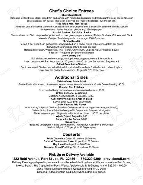 Menu at Provisions Restaurant & Catering, Port Saint Joe