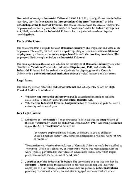 Osmania University v. Industrial Tribunal: A Case on Workman ...