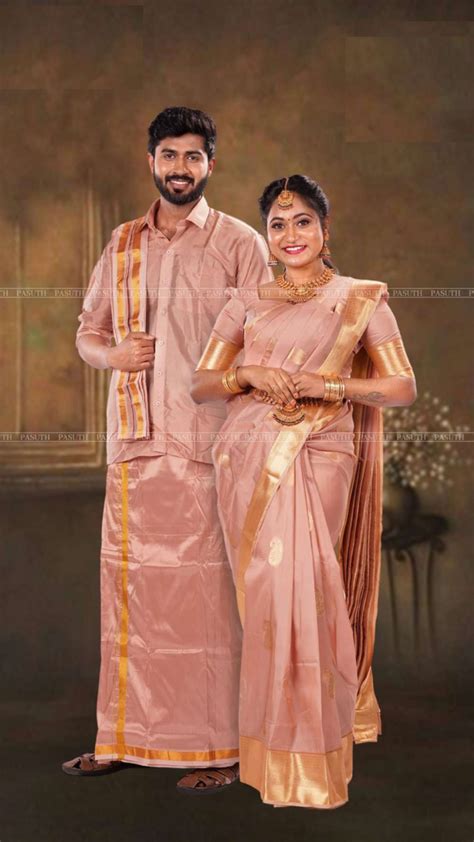 "Copper Shining Ethnic Pair: Men's Shirt & Dhoti with Matching Women's