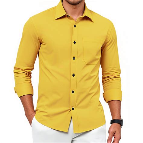 Men's Yellow Dress Shirts Long Sleeve Button Down Shirt Casual Formal ...